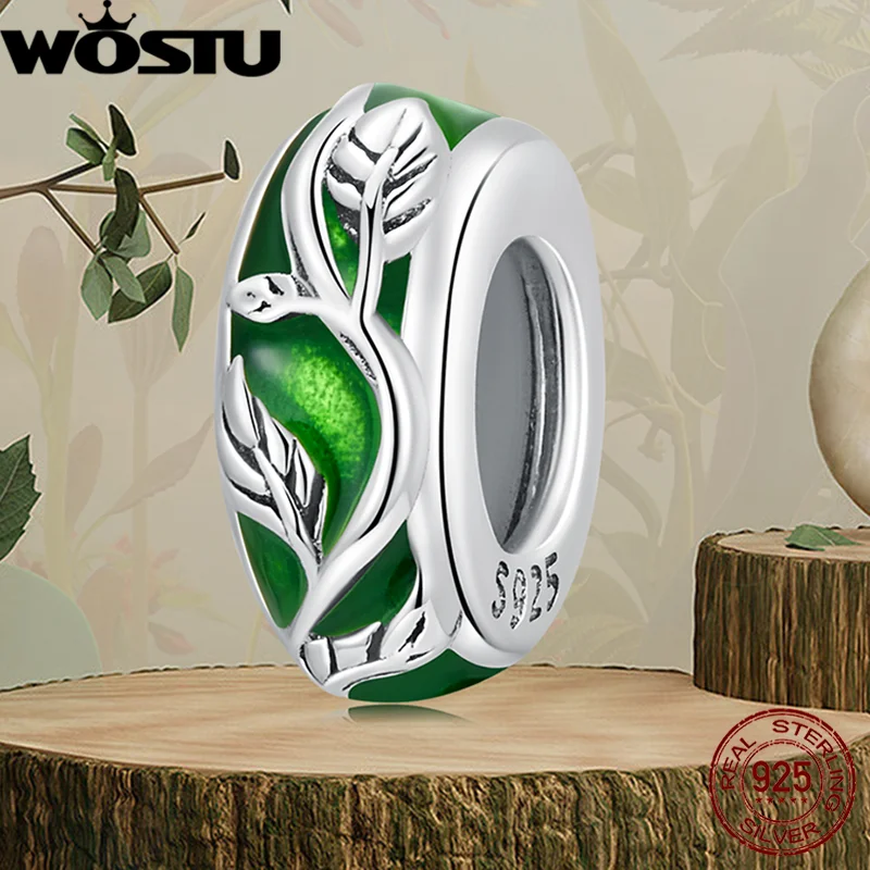 WOSTU Real 925 Sterling Silver Green Leaf Vine Spacer Beads Fit Original Charms Bracelet DIY Necklace S925 Fine Jewelry Making