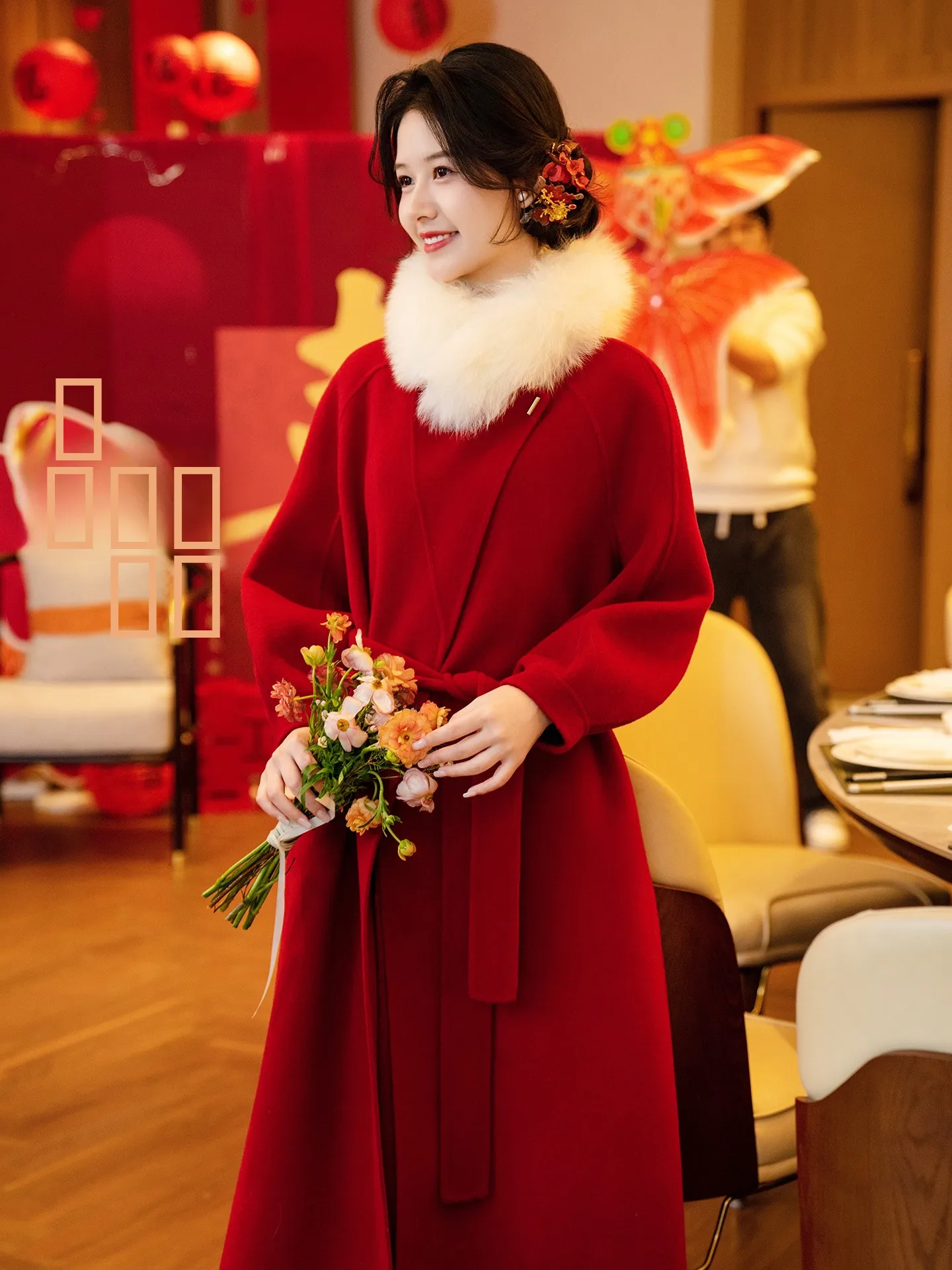 

Красное шерстяное пальто для невесты, китайский свадебный наряд, верхняя одежда для помолвки, теплое утепленное длинное пальто со воротником-стойкой для женщин