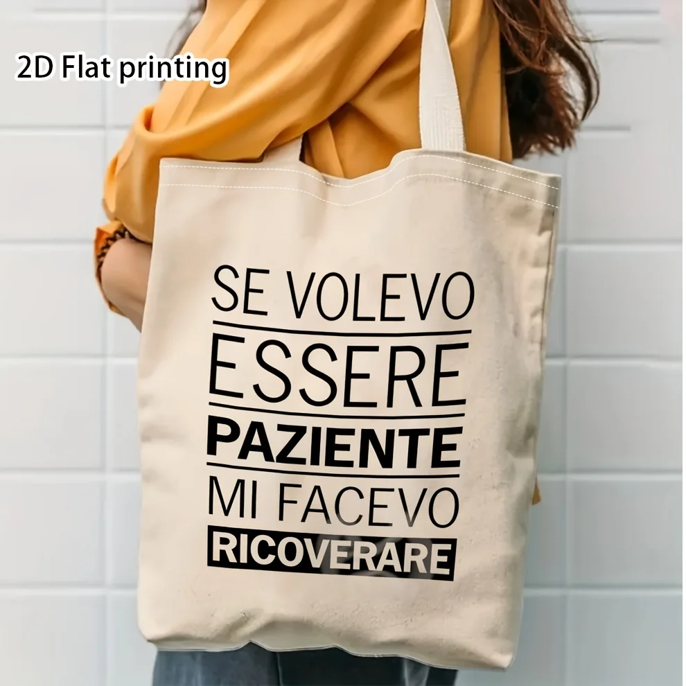 2D Flat Printing, an Italian Humor Print Canvas Tote Bag, This Multifunctional Printed Handbag Is Spacious, Foldable, And Washab