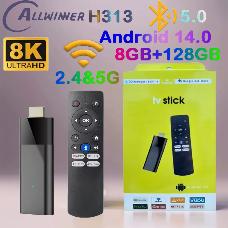 Q6 TV Stick Android 14.0 8K Allwinner H313 2.4G&5G Wifi BT5.0 8GB RAM 128GB ROM Infrared Remote Voice Remote Media Smart TV Box