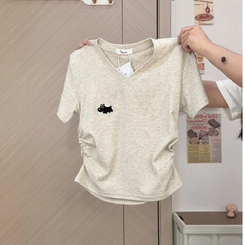 Gray V-neck Modal Short-sleeved T-shirt Slimming Shoulder Design Waist-cinching Women's Fashion Top Guangzhou Thirteenth Factory