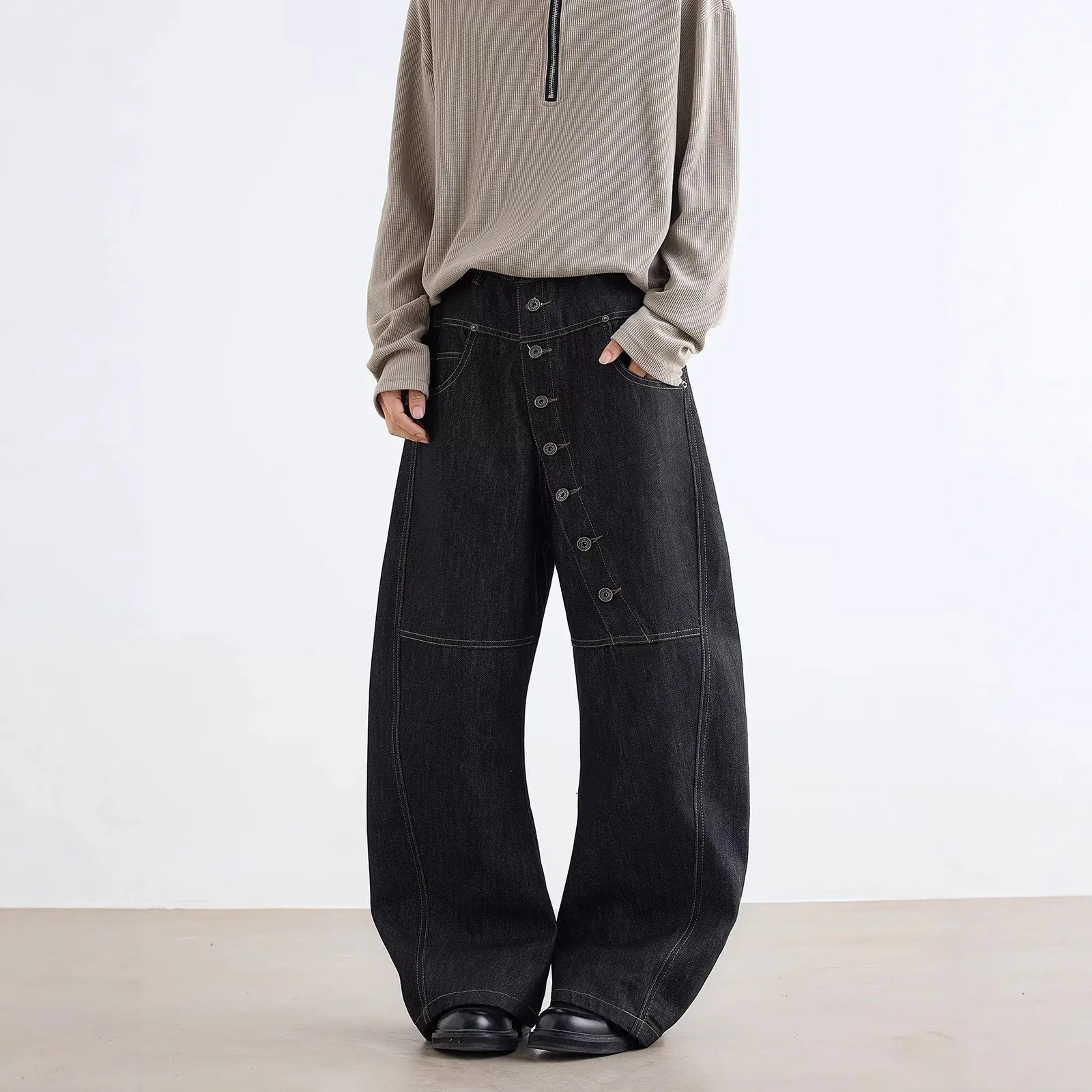 

Vintage Men's Baggy Jeans Button Long Trousers Streetwear Wide Leg Loose Denim Pants Fashion Distressed Straight Cargo Pants