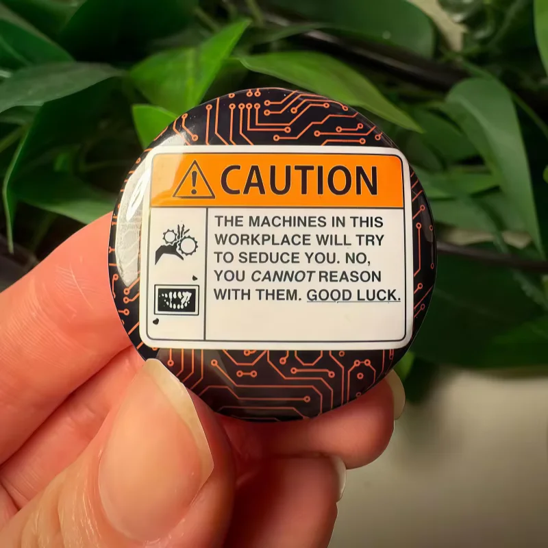 Caution Robot Lover Button Pin Objectum Art Badge Funny Warning Sign Decor Unique Quirky Gift for Robot Fans Collectible Pin