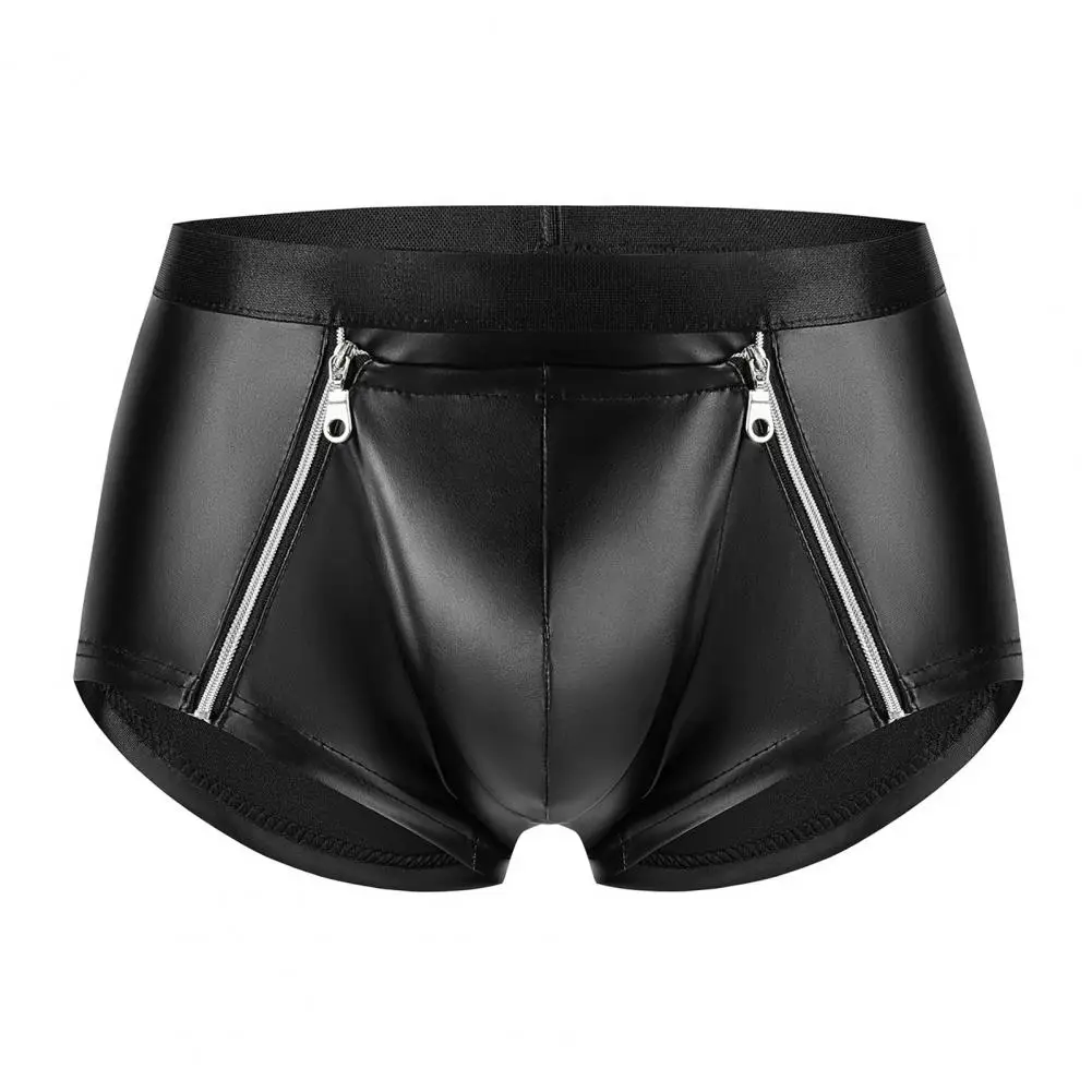 Men Sexy Shorts Briefs Double Zipper Underwear Matte Faux Leather Hot Shorts Bulge Pouch Shorts Panties Slim Fit Men Briefs