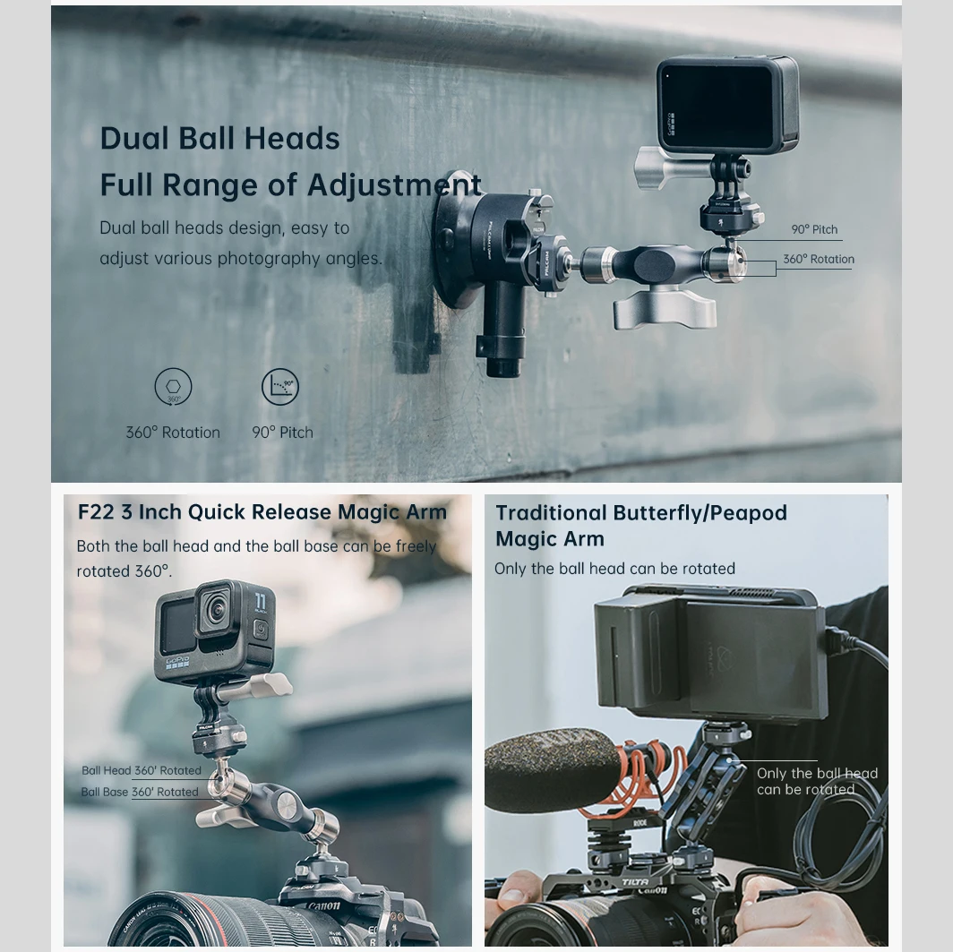 Falcam F22 Kit de braço mágico de extensão de liberação rápida de 3 polegadas com cabeças esféricas duplas para vários dispositivos Monitor de tripé estabilizador