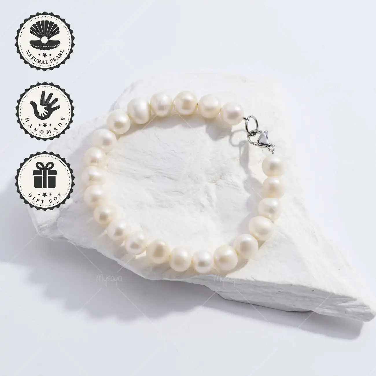 

MYSOYA Браслет из белого пресноводного жемчуга 7-8 мм с серебряной застежкой-лобстером, подарочной коробкой, идеальный подарок на день рождения и годовщину
