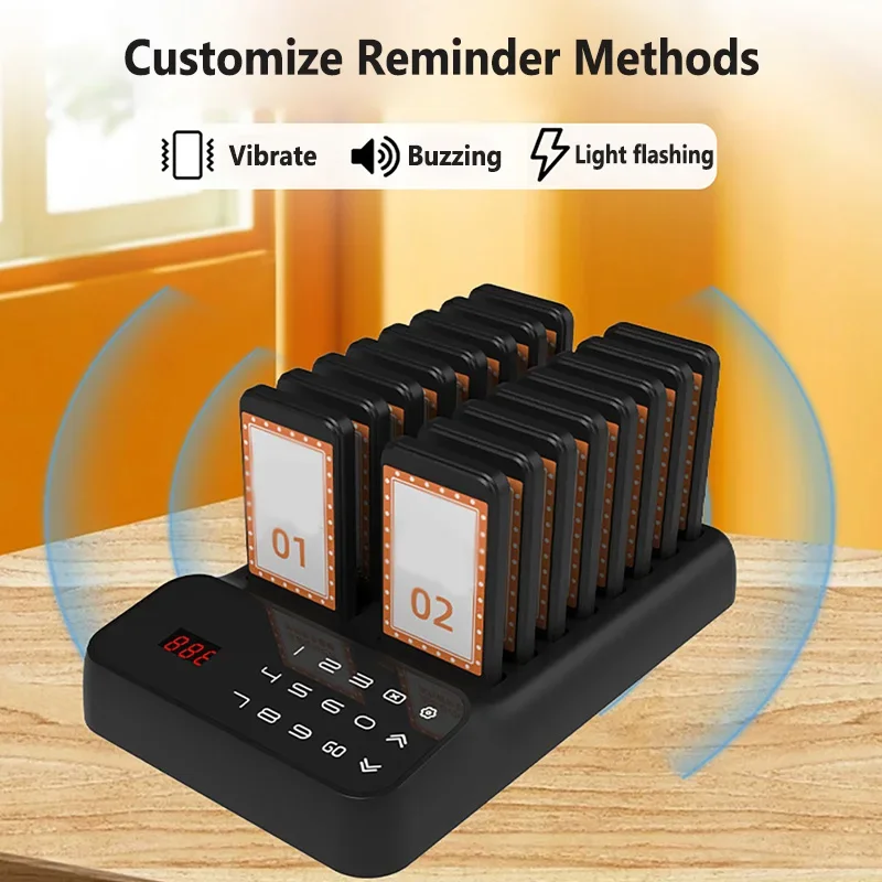 Wireless Restaurant Buzzer Pager System 16 Coasters Receivers For Coffee Dessert Burger Shop Food Truck Clinic Calling System