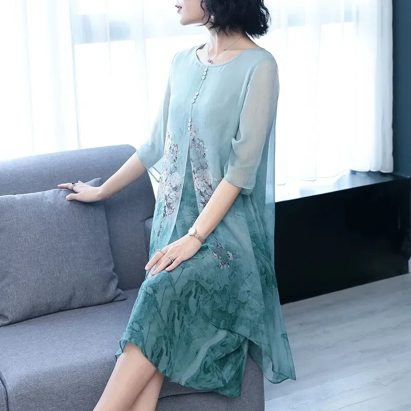 Noble Elegant Mother Spring Dress Women's Summer Dress Middle-aged and Elderly Over Knee Chiffon Skirt O-Neck Silk Dress Print