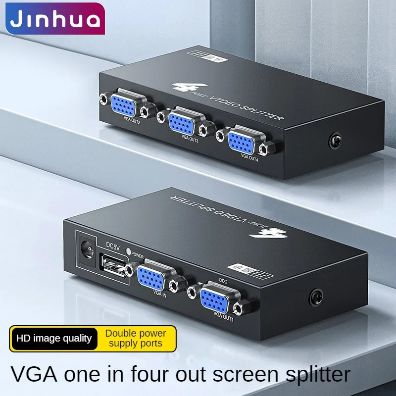 1080P VGA Splitter 1 In 4 Out, 4-Channel Video Distributor with Dual Power Supply for Stable Performance