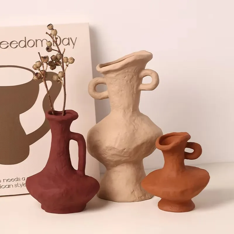 Three-Piece Asymmetrical Handle Bloom Vessel Set Uneven Rough Matte Solid Tone Tabletop Dried Stem Floral Display Decor Craft