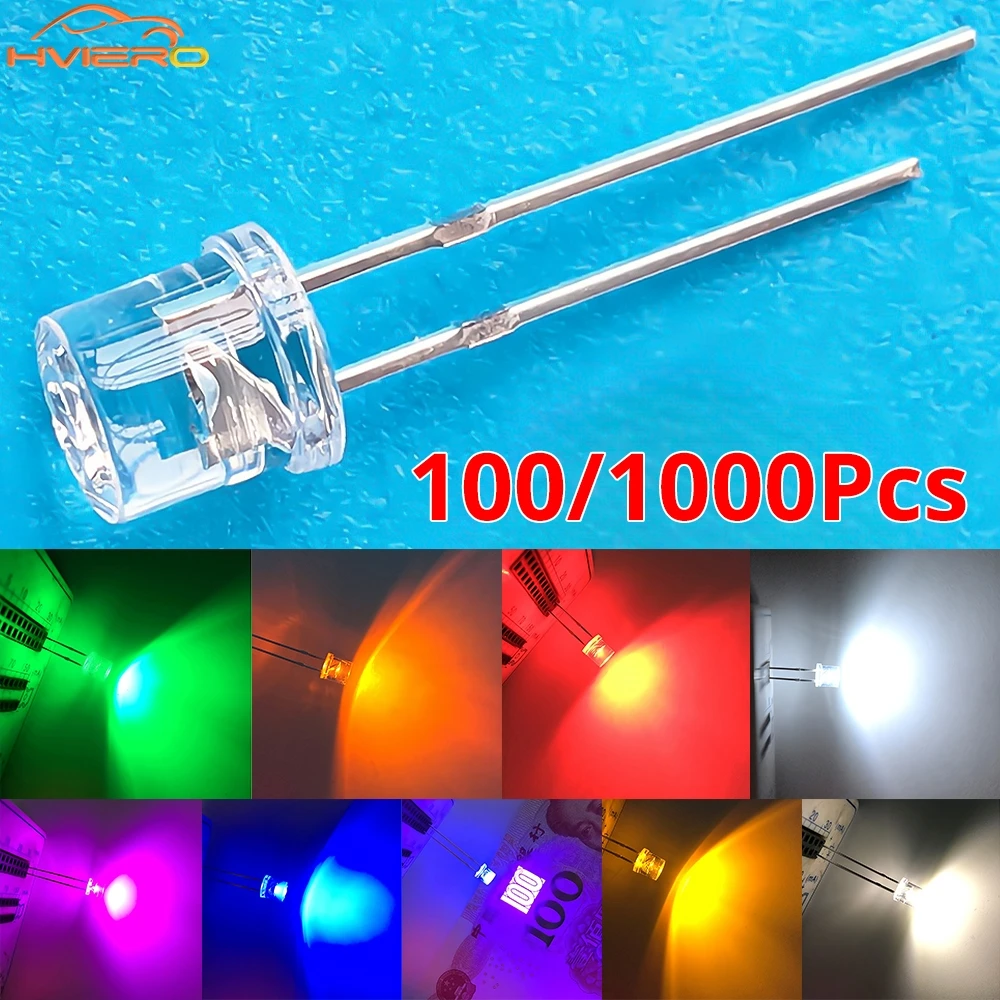 10/100X Min F5 5mm Flat Top White Pink Yellow Blue Wide Angle Light Diode Water Clear LED Bead Ultra Bright Bulb Emitting Lamp
