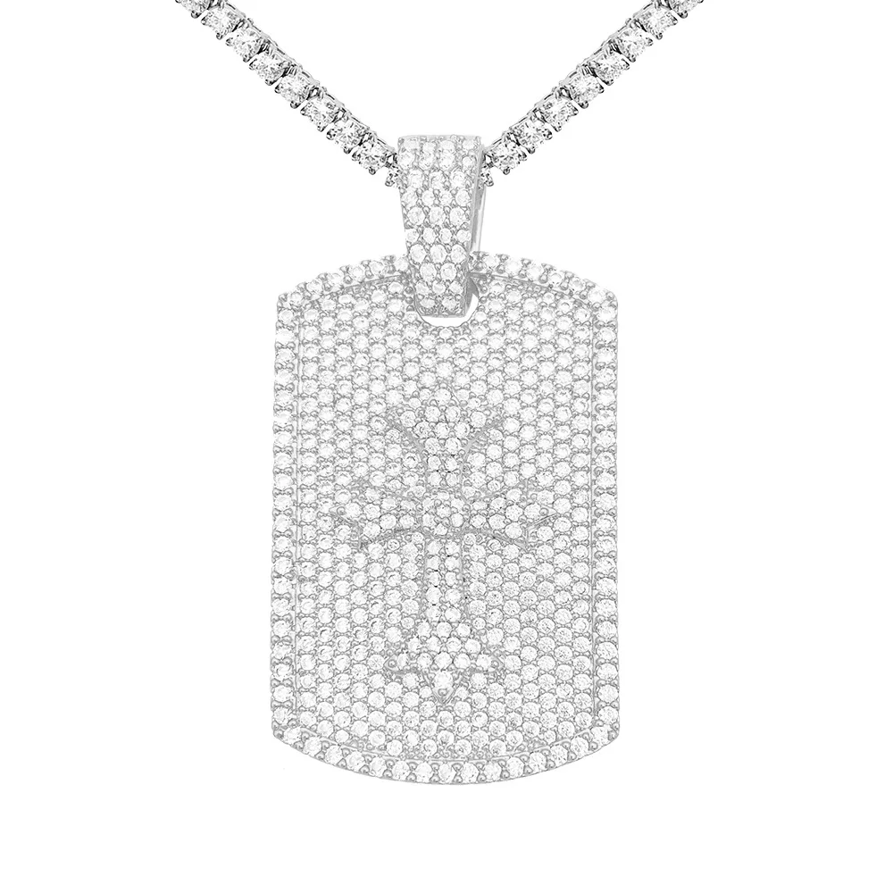 Hiphip Iced Bling Zircon Cross Dog Tag Pendant Necklace with Rope Stainless Steel Chain Fine Jewelry White Gold Plated Party