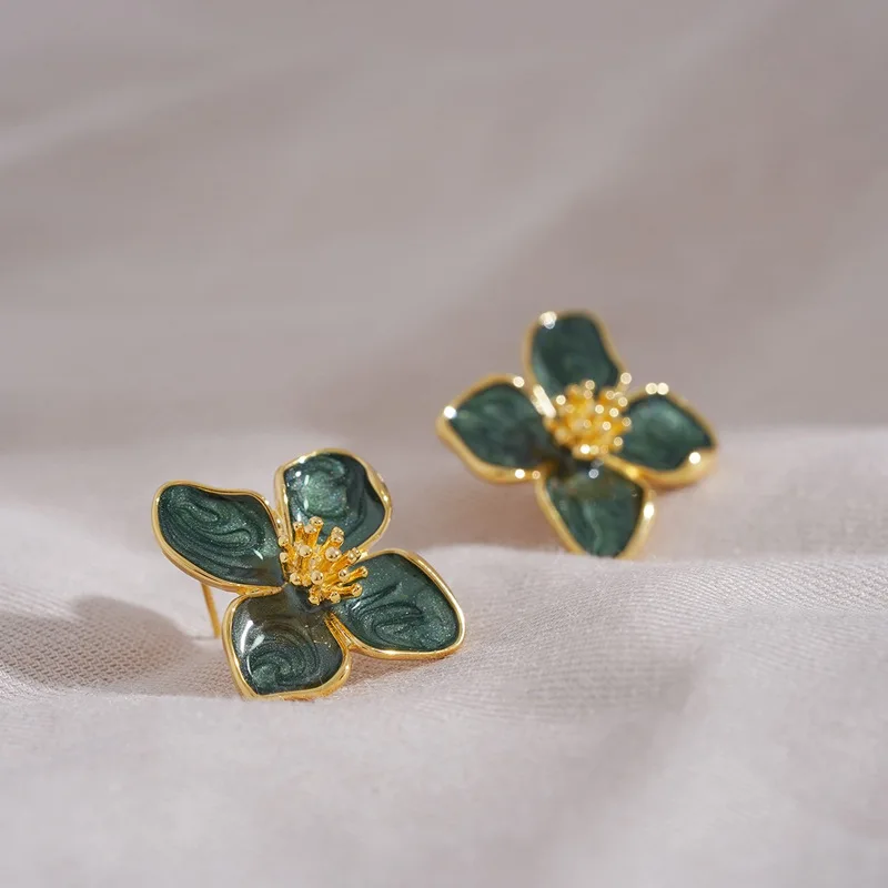 Korean Fashion Dark Green Flowing Sand Enamel Lily Flower Glaze Earrings for Women Exquisite Light Luxury Versatile Earring gift