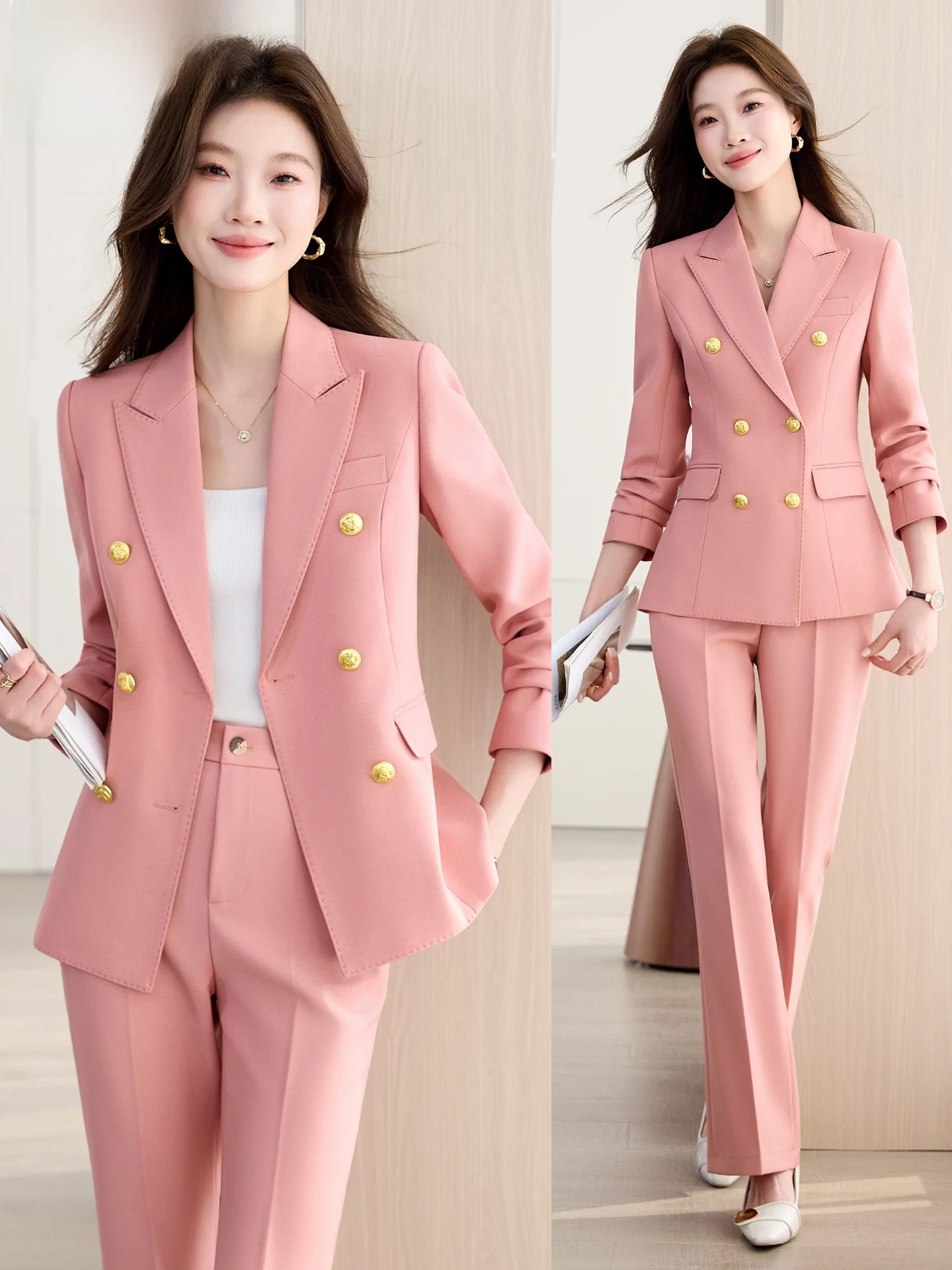 

Розовый женский двубортный деловой костюм для собеседований, ведущих и профессионалов: элегантный и модный деловой наряд