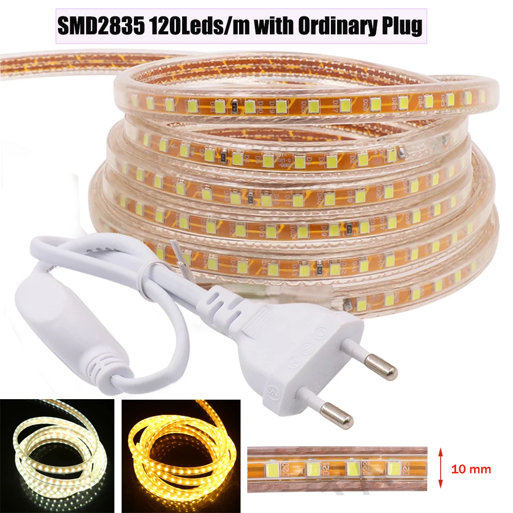 220V LED Strip Light SMD2835 Flexible LED Tape 120 180 276Leds/m Double Row Three Row Waterproof Ribbon Rope EU Plug for Decor