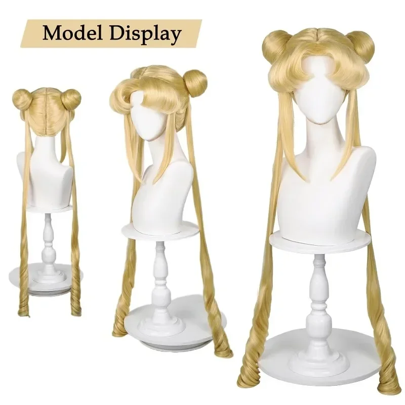 HN8 بحار القمر Tsukino Usagi طويل مجعد شقراء ذيل حصان شعر مستعار مع 2 ذيل حصان مع قبعة شعر مستعار لحزب الهالوين زي 8...Gf #5