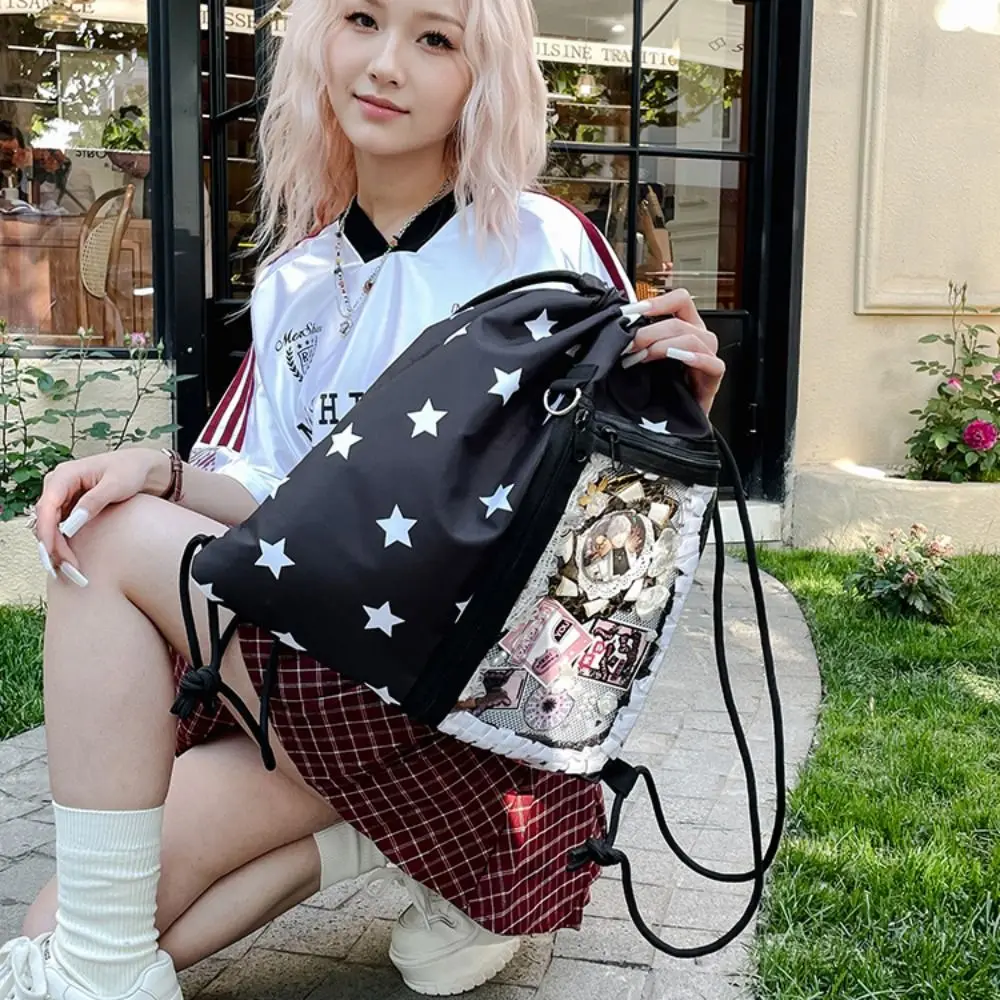 Korean Style Nylon Drawstring Backpack Lightweight Wave Point Light Soft Nylon Bag Harajuku Sweet Student Schoolbag Hiking