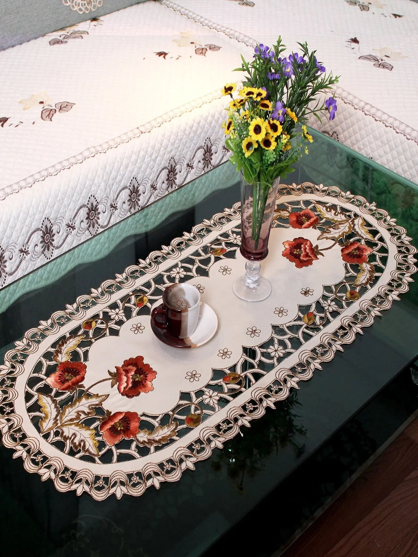 

Embroidered Floral Hollow-Out Table Runner for Dining Table Decor