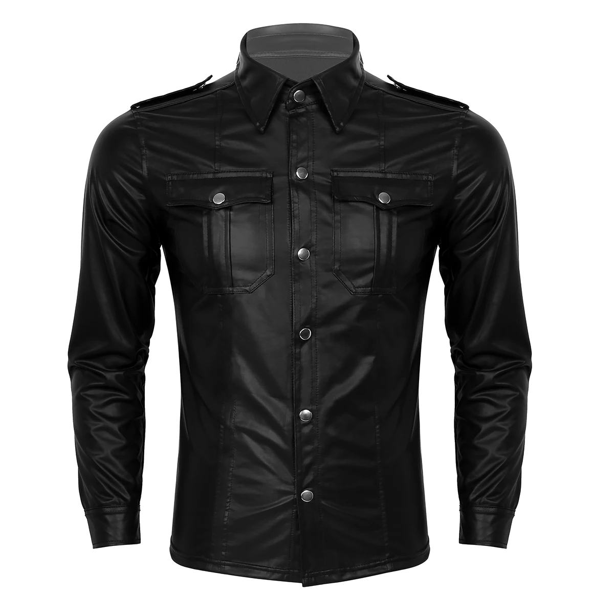 Thoshine Brand Men Leather Shirt Slim Fit Fashion Faux Leather Shirts Soft T-shirts Long Sleeve Motorcycle & Biker Streetwear