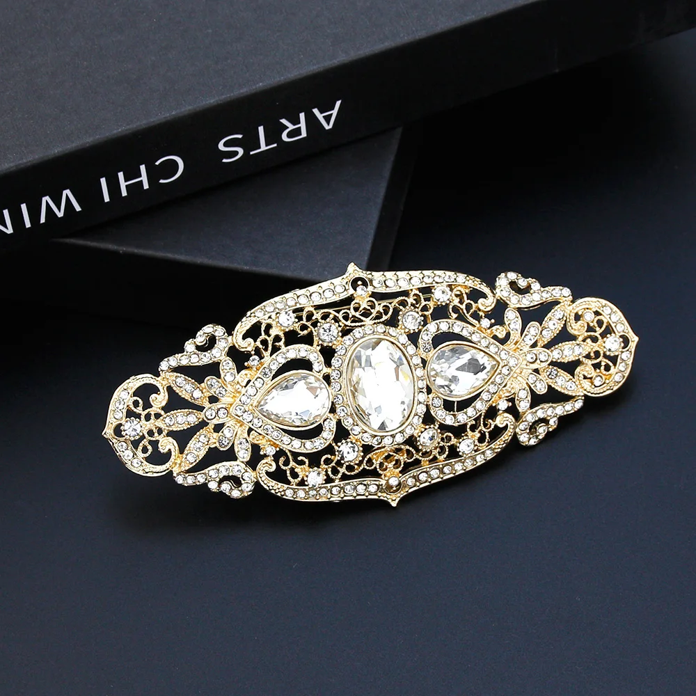 Sunspicems Arabic Women Brooch Algeria Morocco Caftan Neckline Brooch Pins 18K Gold Color Big Crystal Bride Wedding Jewelry Gift