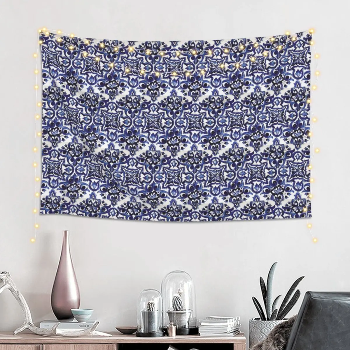 Blue Ornate Floral Mediterranean Sicilian Tile Tapestry Funny Wall Hanging Aesthetic Home Decor Tapestries for Living Room Room