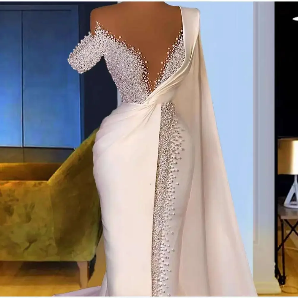 Vestido de novia personalizado con hombros descubiertos, perlas brillantes, sirena, mangas largas, satén, vestidos de novia de talla grande