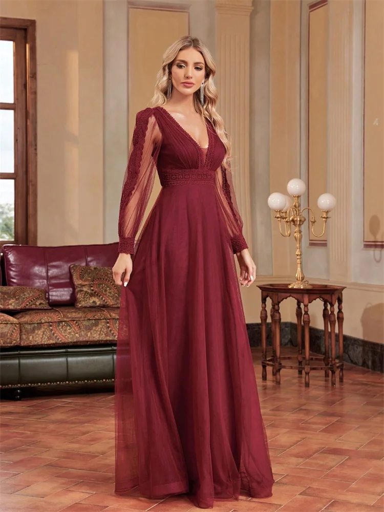 Elegant Tulle V-Neck Formal Evening Dresses Long Sleeve 2025 Womwen Floor-Length Party Dress Chiffon Cocktail Graduation Prom