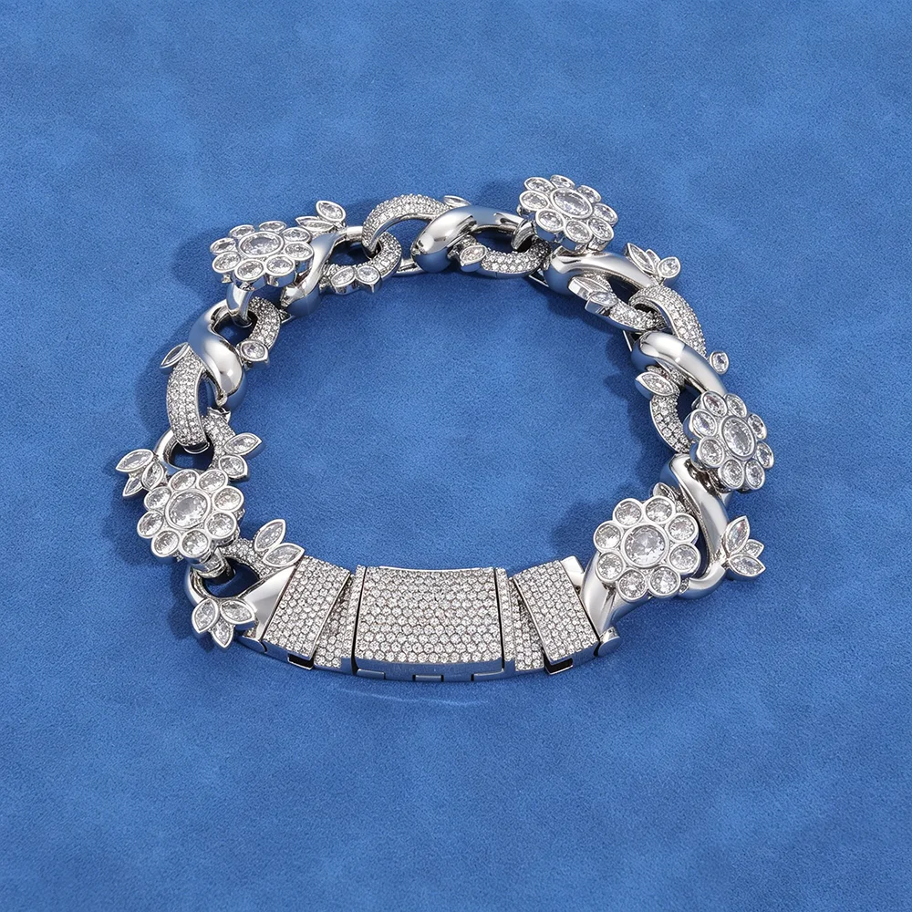 HHIOK 22MM Iced Out Flower Thick Cuban Link Bracelet Inlaid With Bling Brass Zircon Miami Hip Hop Luxury Jewelry For Men Gifts