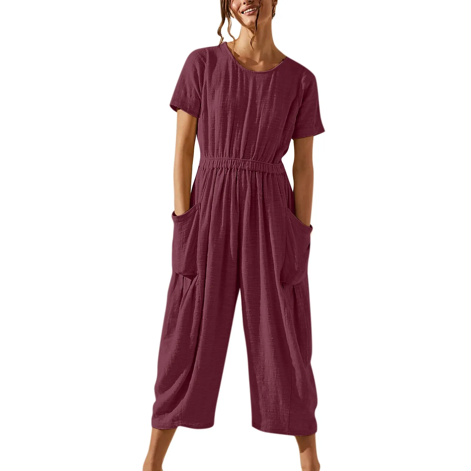 

Women Cotton Linen Jumpsuits Fashion Comfortable Solid Round Neck Short Sleeve Jumpsuits Loose Wide Leg Jumpsuits With Pockets