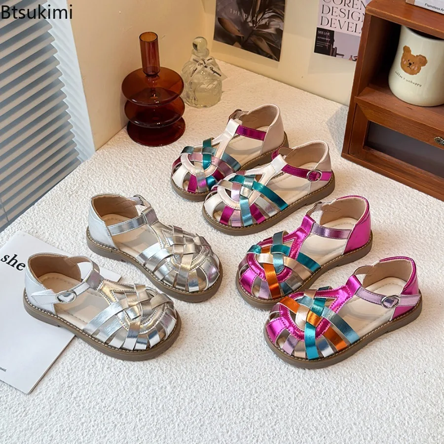 Girl's Baotou Sandals 2026 New Summer Fashion Party Leisure Princess Shoes Toddler Children Rainbow Color Weave Roman Sandals