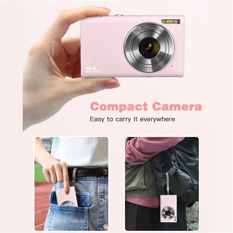 Digital Camera with Auto Focus, 2.7K 48MP Vlogging Camera with 2.8 Inch Large Screen Stylish Camera for Teens-Pink