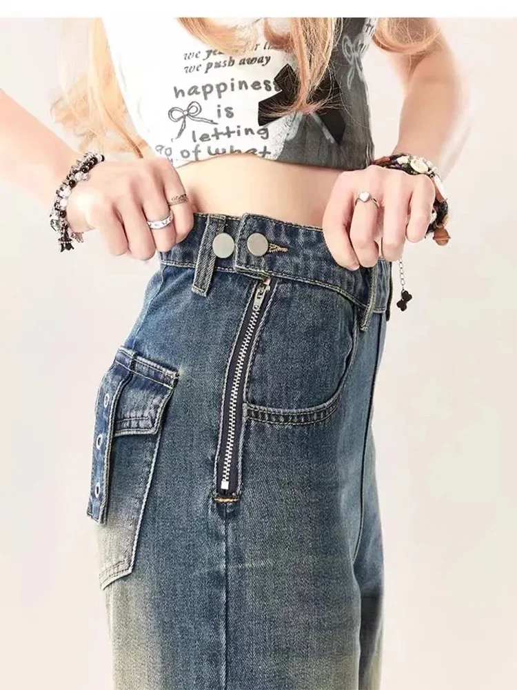 Damskie jeansy vintage w kolorze niebieskim, luźne, z dziurami, w stylu Y2k, japońskie, z lat 2000., lat 90., Harajuku, dżinsowe spodnie, streetwear, estetyczne spodnie, ubrania w stylu trashy.