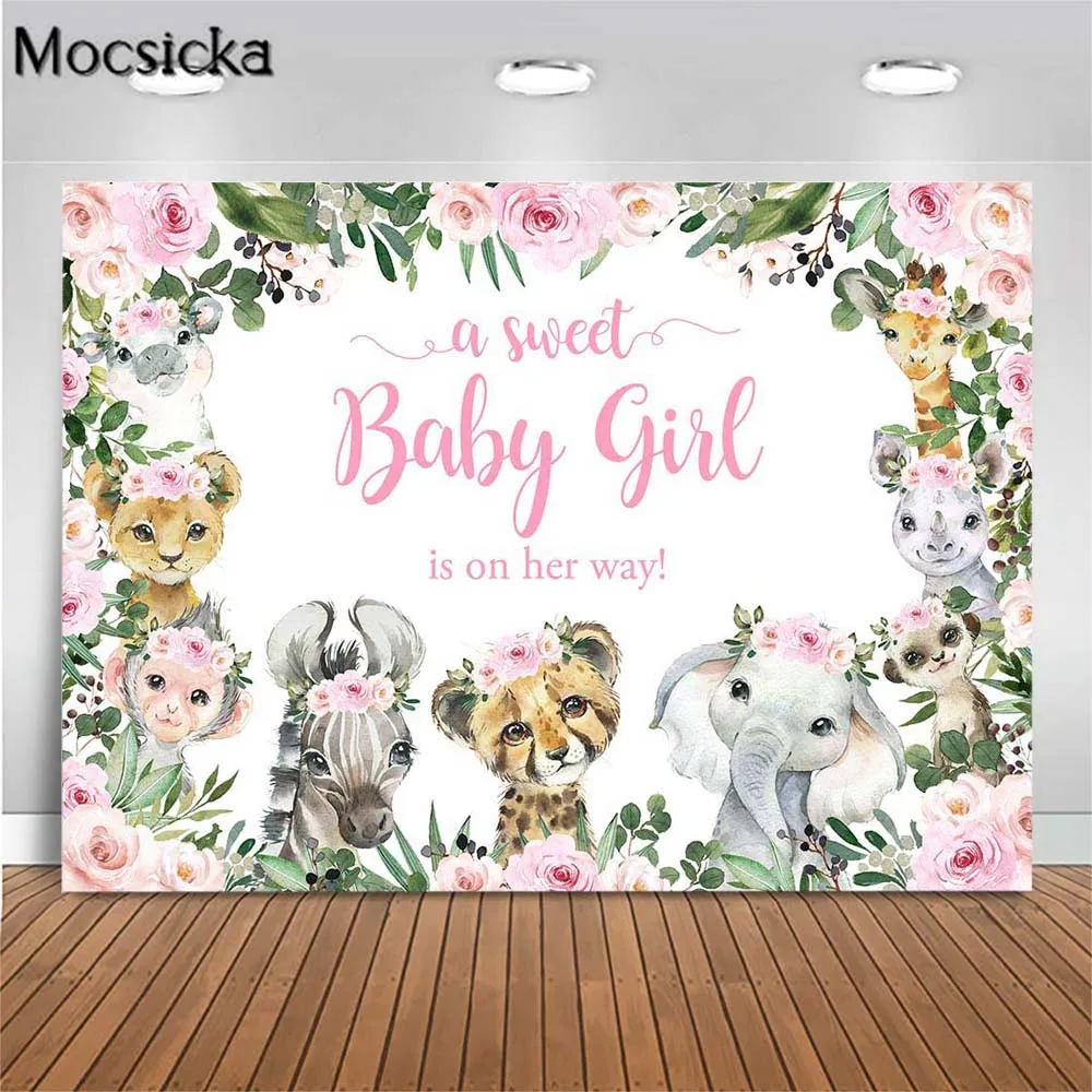 Mocsicka Baby Shower Backdrop A Sweet Baby Girl is On Her Way Jungle Animals Photo Background Safari Birthday Party Custom Decor