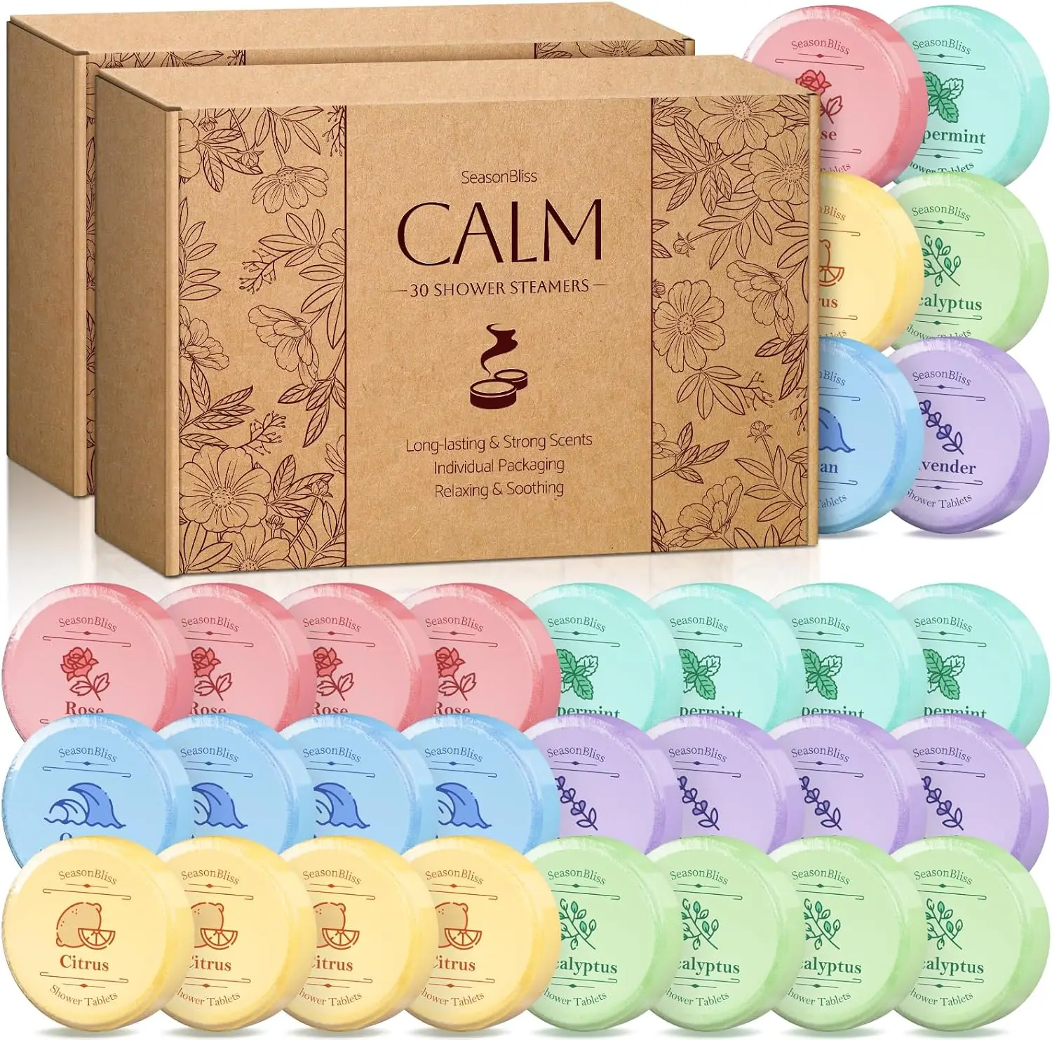 

Shower Steamers 60 PCS Individually Wrapped, 6 Scents Rose Peppermint Citrus Eucalyptus Ocean Lavender, Gift for Women Men