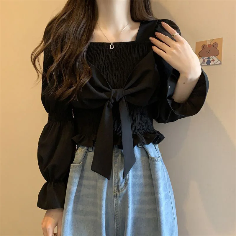 French Style Women Bow Shirts Casual Folds Puff Sleeve Black Base Shirt Female Elegant Slim Square Collar White Blouse Woman