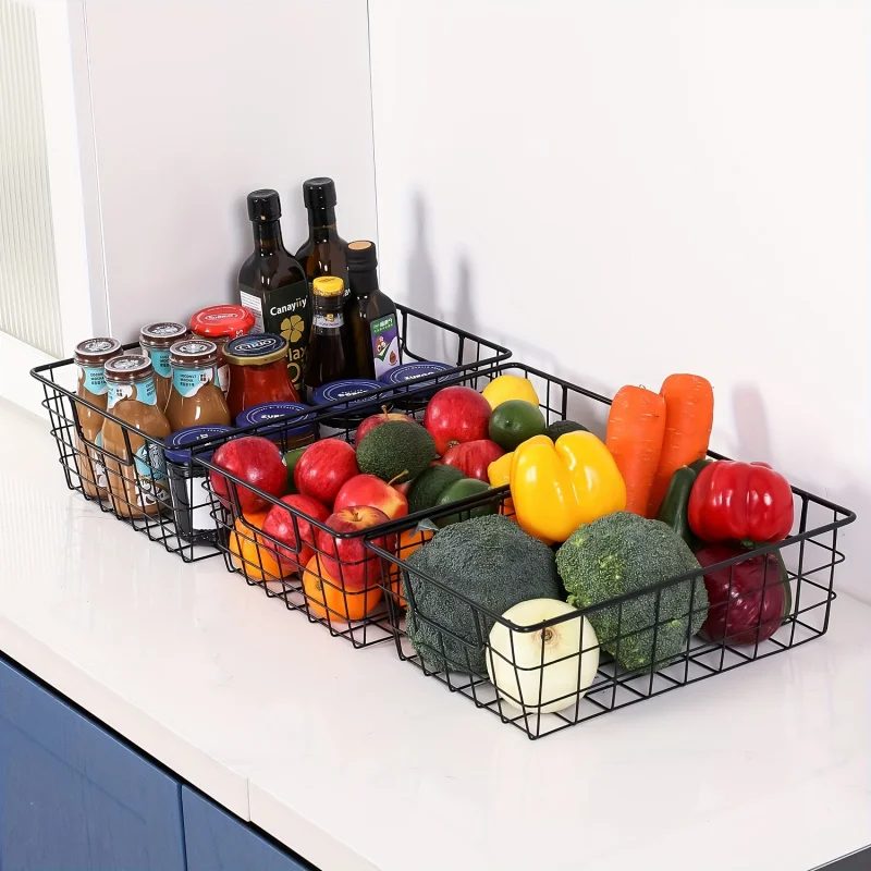 

3-Pack Extra Large Wire Storage Baskets with Metal Handles, Pantry Cabinet Fridge Organizer, Black Shelf Baskets