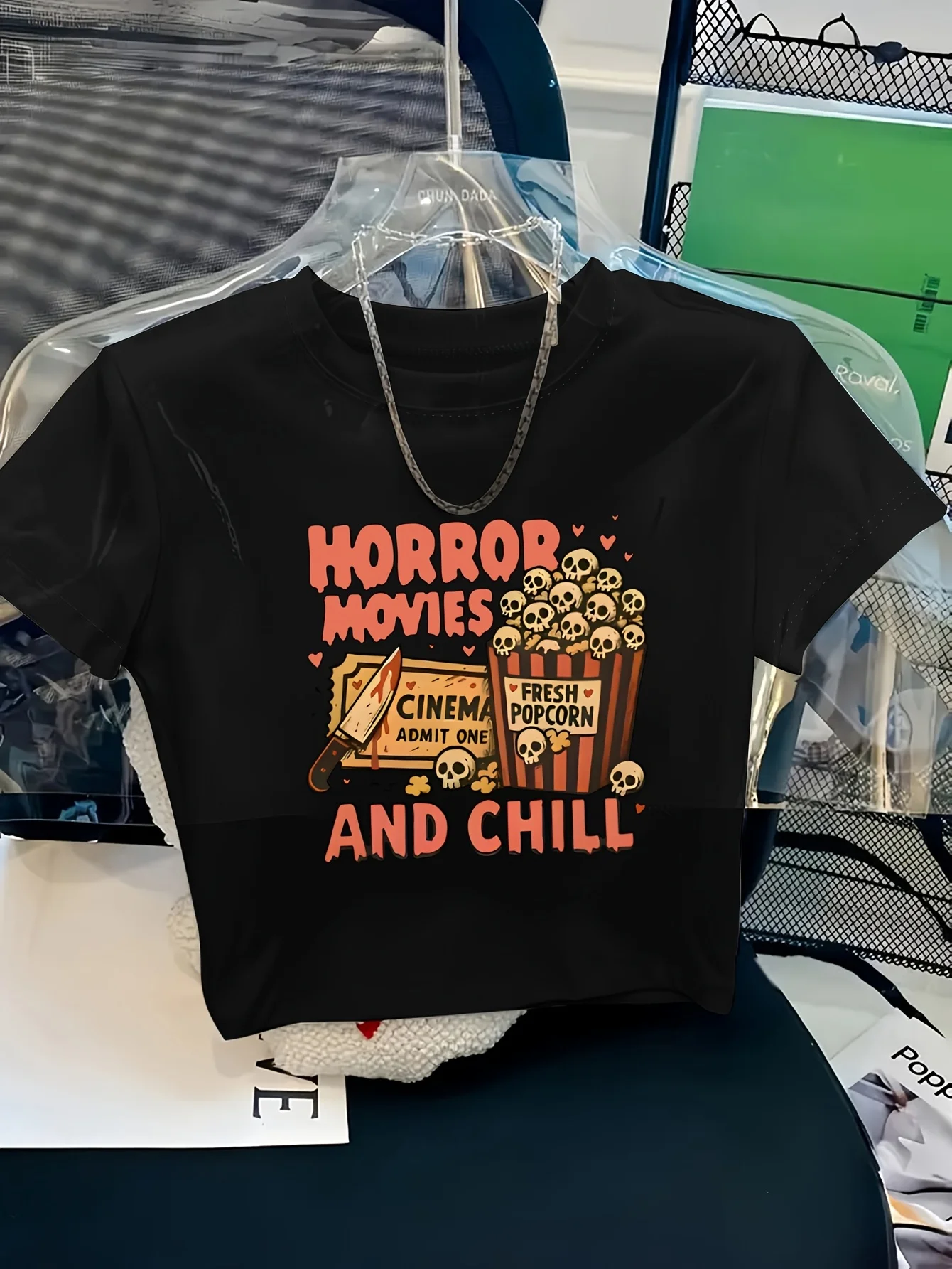 Women's Sexy Crop Tops Skull Popcorn Fun Print Thin Round Neck Short Sleeve Cropped T Shirt Vintage Style Tshirt Clothes Outfit