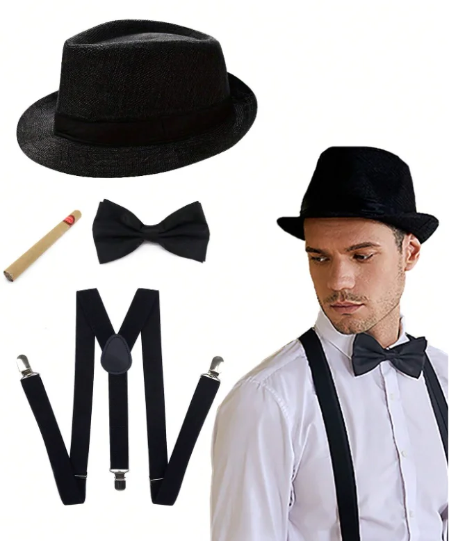 Kit Gangster Années 20 Homme – Chapeau Fedora, Nœud Papillon, Bretelles et Faux Cigare – photo 1