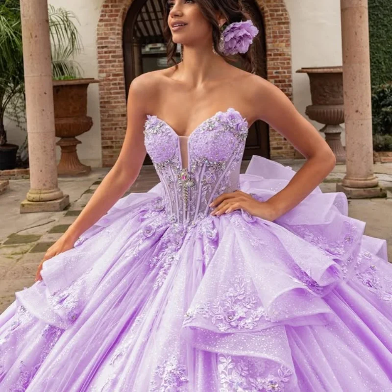 

Purple Quinceanera Dress Crystal Decal off-shoulder Lace layering 3D flower Bow Long tail Vestidos De 15 Quinceanera ﻿Customize