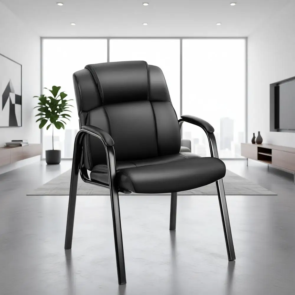 

Leather Office Desk Reception Stationary Side Chair with Padded Arms for Home, Conference, Lobby, Church, Medical Clinic, and El