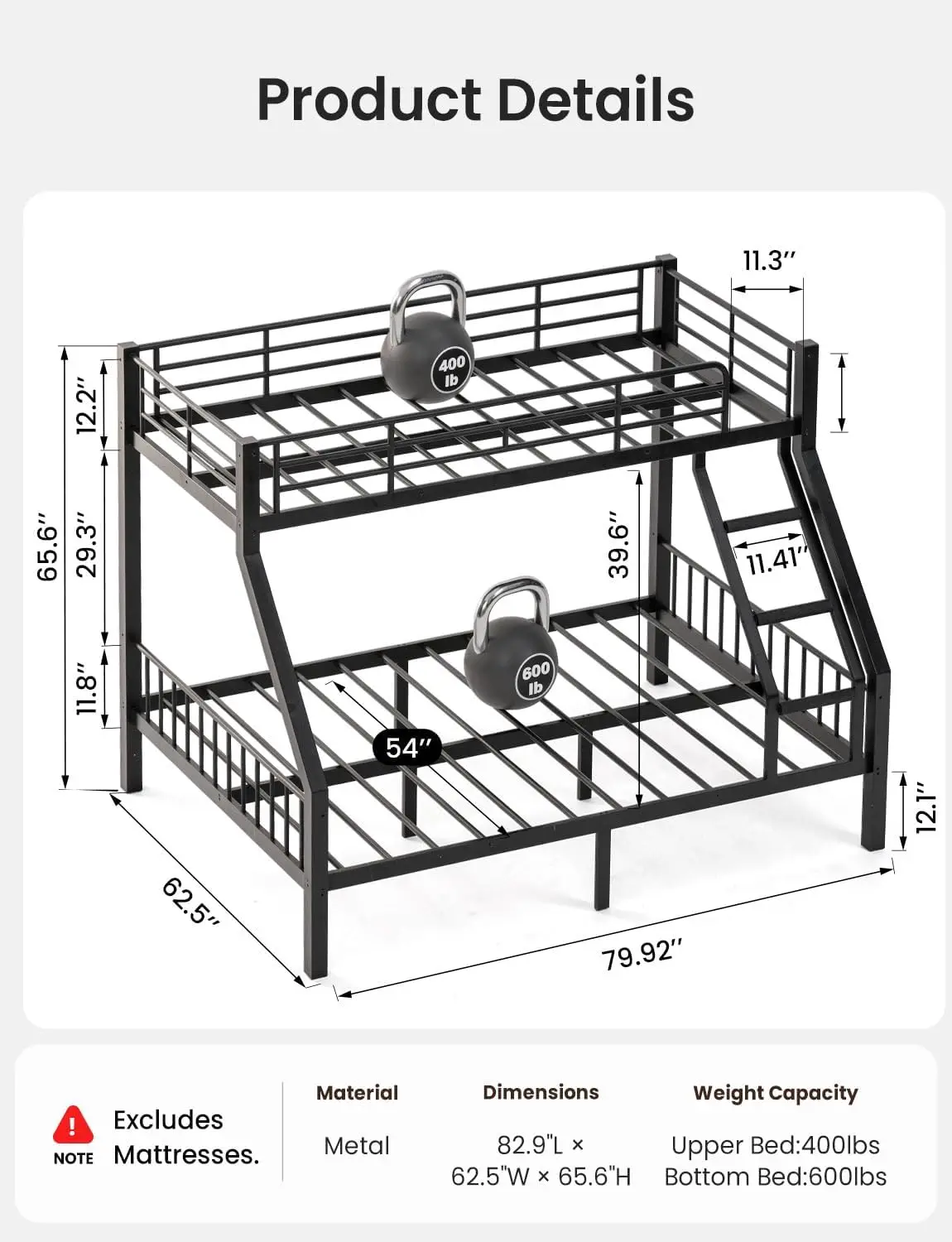 Twin XL Over Queen Bunk Bed, Heavy Duty Bed Frame with Guardrails & Ladder | Metal Bunk Bed, 400 lbs Top Bunk & 600 lbs Bottom B