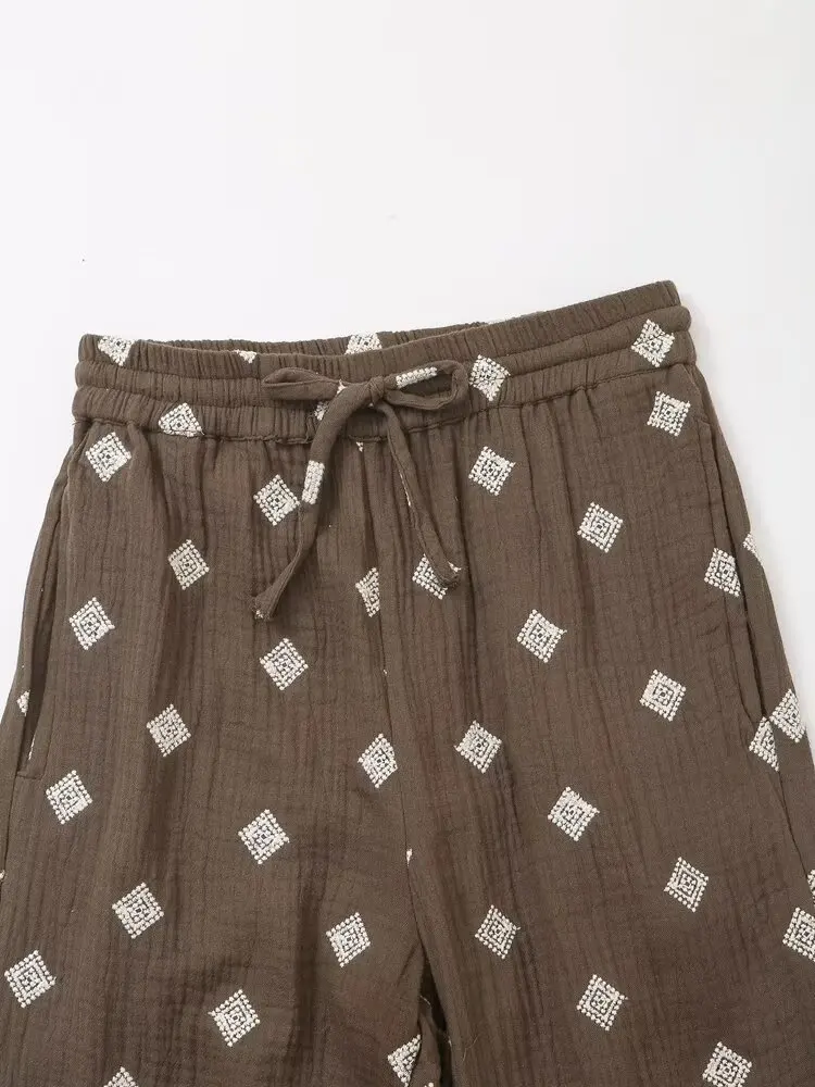 Maxdutti 2025 Summer Moroccan Bohemian Embroidered Casual Pants Summer Drawstring Retro Ethnic Style Pants Women