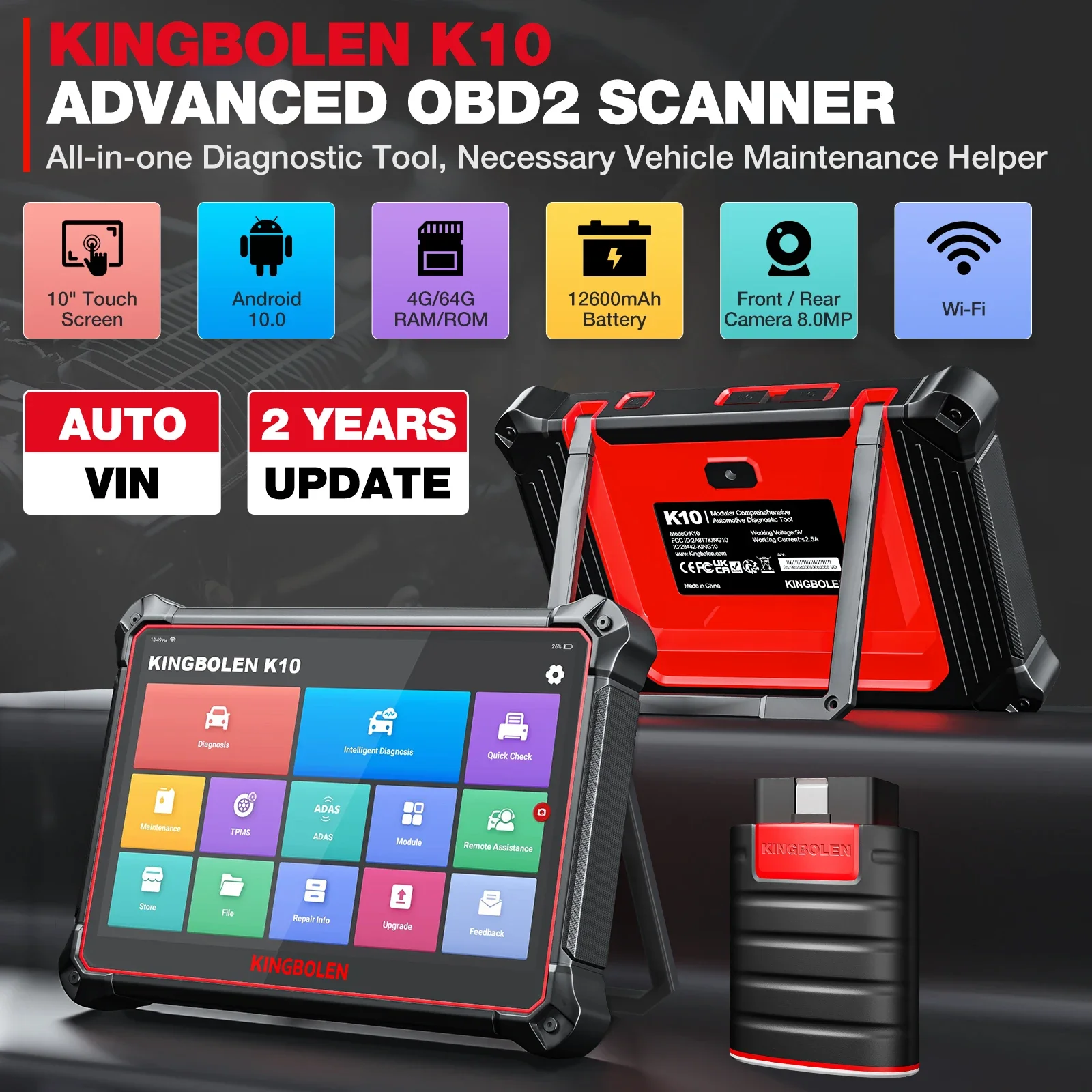 KINGBOLEN K10 Full System OBD2 Scanner Online Programming Diagnostic Tool ADAS Function 2 Years Free Update 34 Special Reset