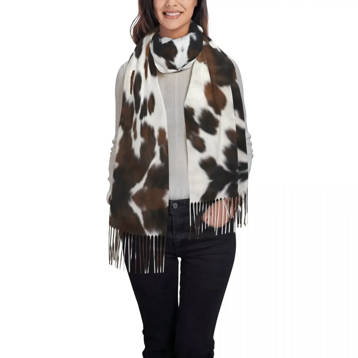 Fashion Cowhide Texture Tassel Scarf Women Winter Warm Shawls Wraps Lady Animal Hide Leather Scarves