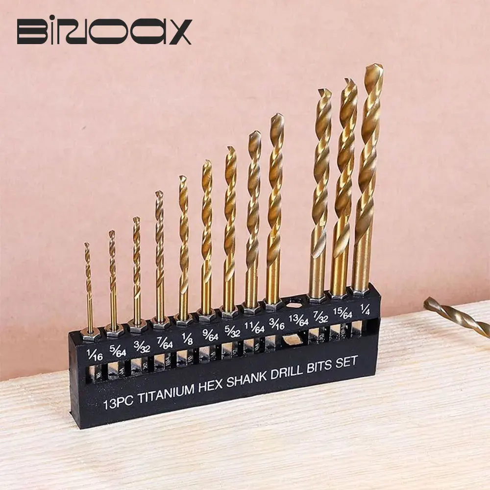 Binoax 13 Pcs Titanium Twist Drill Bit Set Hex Shank High Speed Steel for Wood Plastic Aluminum Alloy Quick Change 1/16