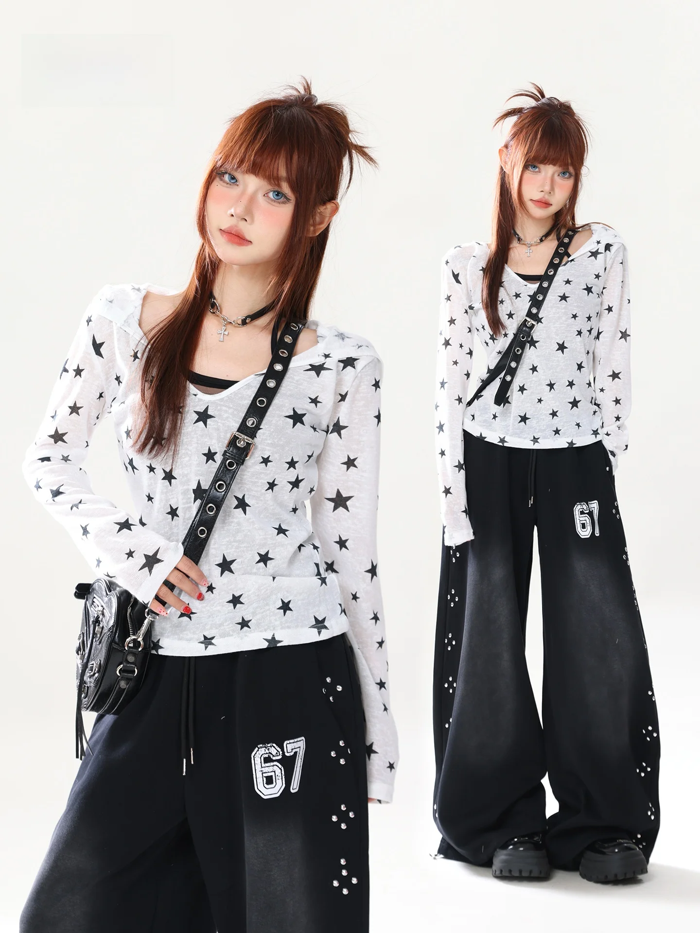 

American Sle Loose Fit Long Sve V-Ne T-irt Women's Spring Slimming Star Print Hooded Top Polyester Spandex Blend