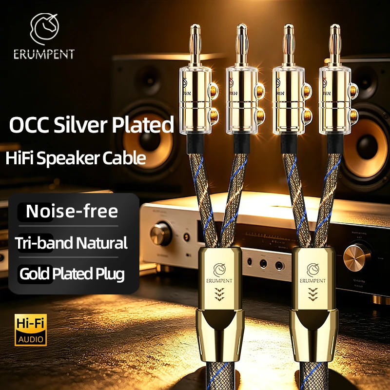 Ein Paar HiFi-Lautsprecherkabel OCC Silberbeschichtet Rauschfrei Vergoldeter Bananenstecker für Verstärker Lautsprecher
