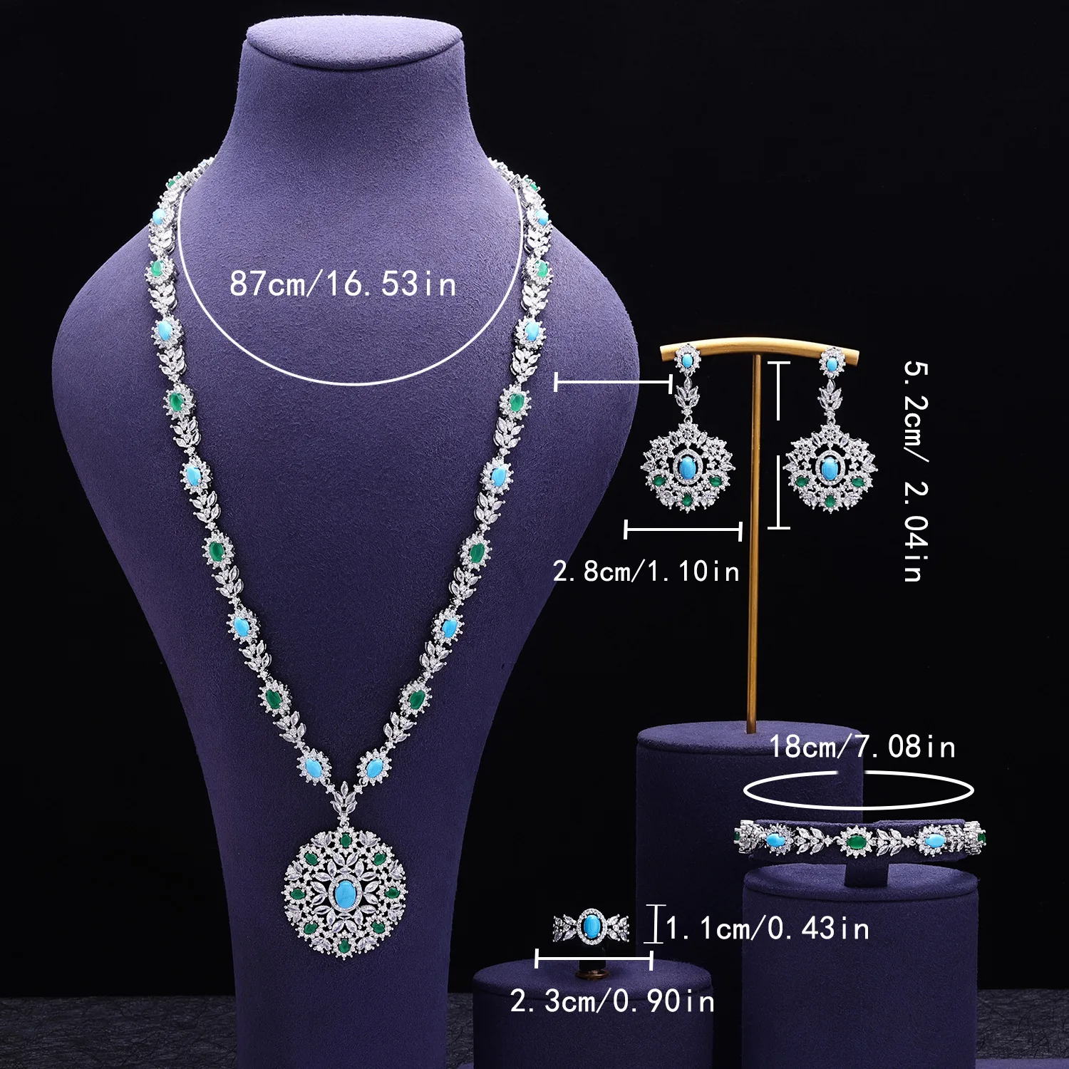 Middle East Bride Wedding Jewelry Zircon Necklace Bracelet Ring Earrings Set of Four Pieces Statement Jewellery Christmas Gift