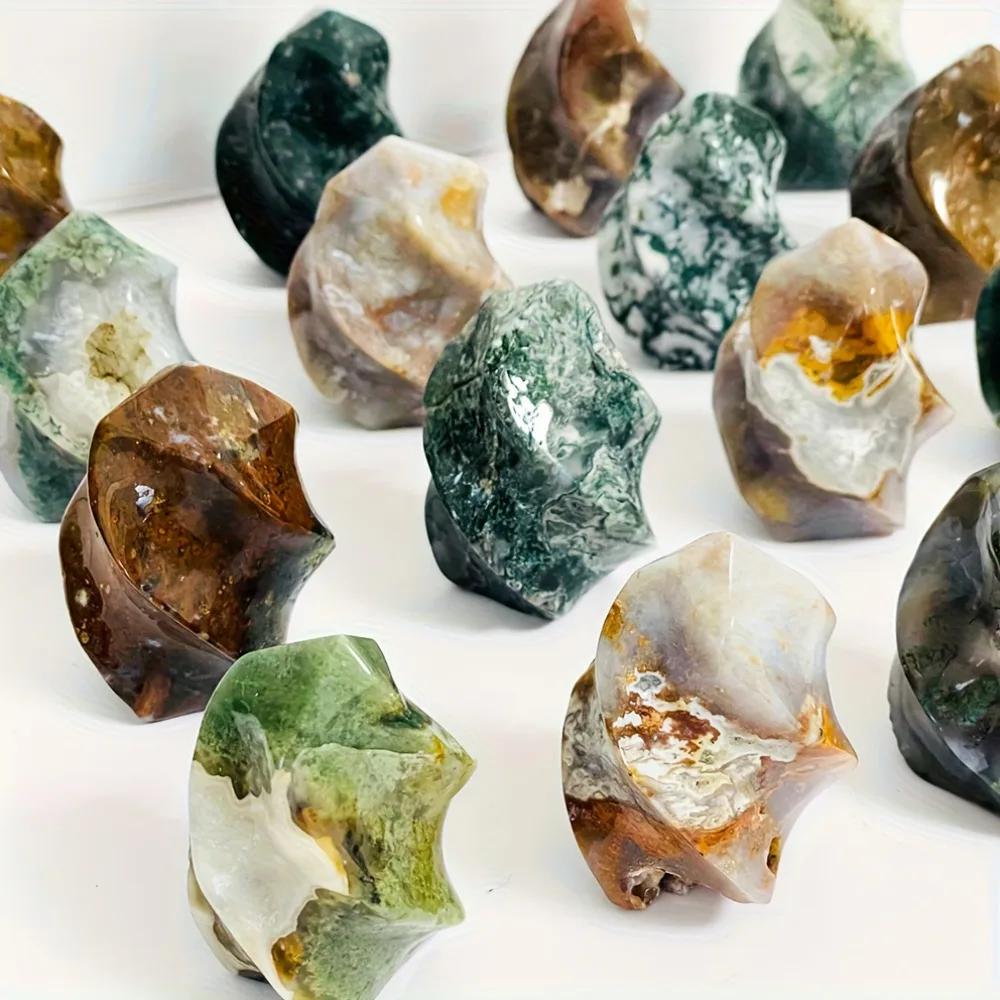 1pc Flame Carving Moss Agate Ocean Stone Torch Loose Faux for Gift Home Decoration Collection