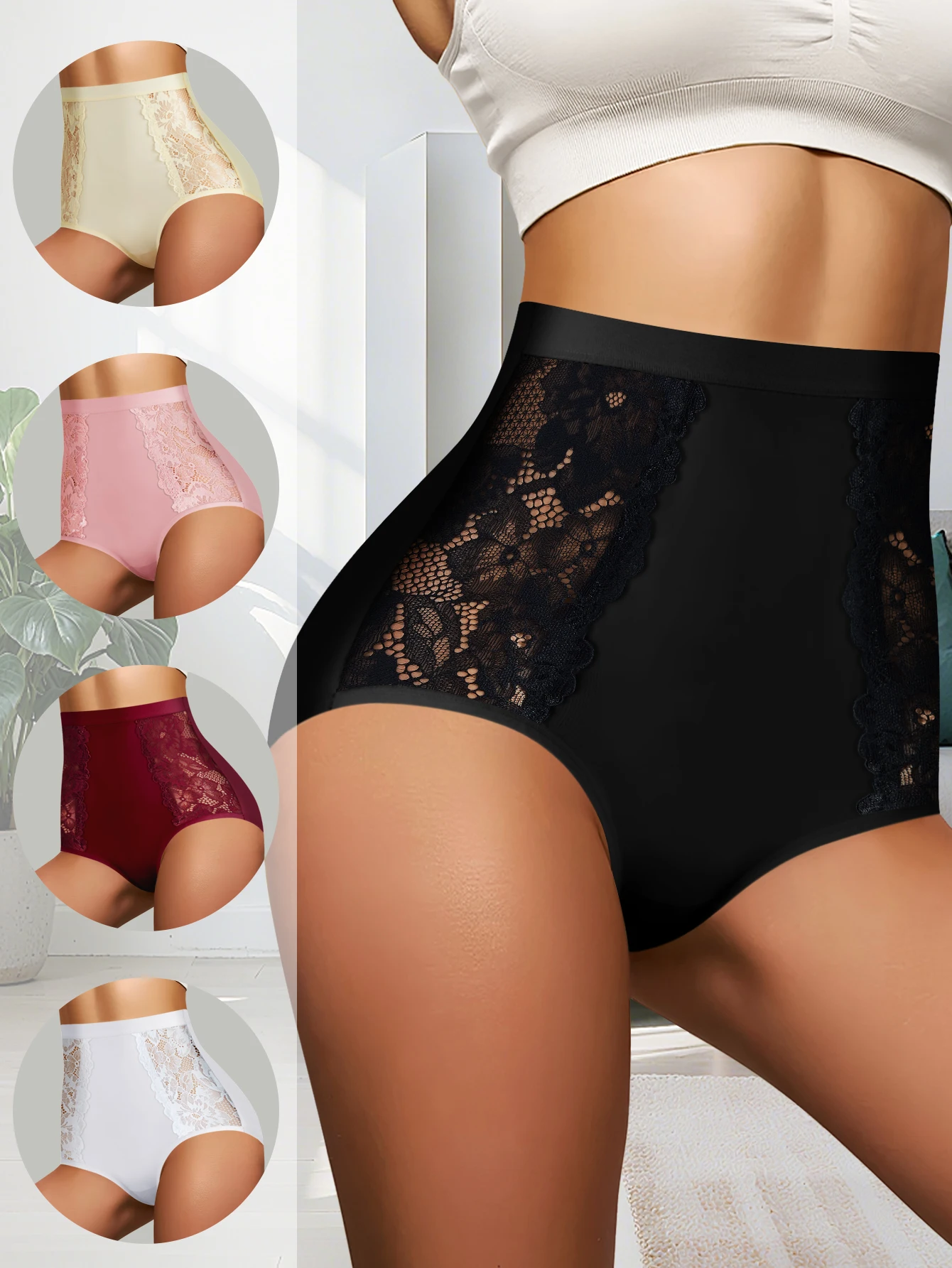 4 pièces/ensemble sans couture Sexy dentelle florale slips femmes Sexy creux couleur unie slips femmes taille haute respirant femmes sous-vêtements